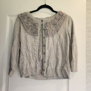 New York & Company Light Gray Cardigan with Textured Collar Size L Euc